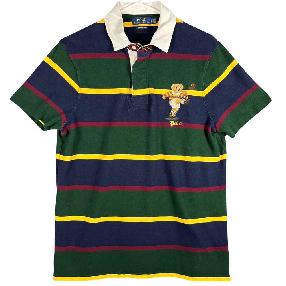 Polo Ralph Lauren Rugby Shirt Men L Green Navy Polo Bear Custom Slim Fit Striped